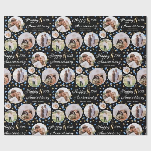 Hochzeitsfeier Foto Collage Elegantes Blau Geschenkpapier (Flach)