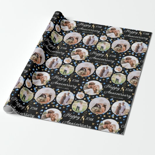 Hochzeitsfeier Foto Collage Elegantes Blau Geschenkpapier (Ungerollt)