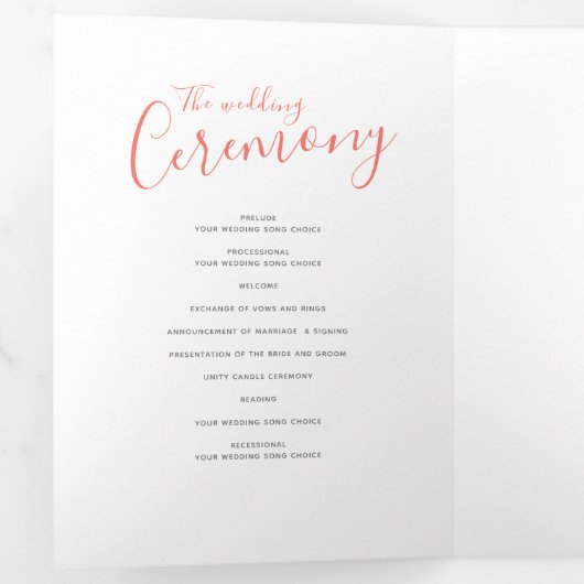 Hochzeitsfeier für abstrakte Korallen und Weiß Dreifach-gefaltete Programmkarte (Innen Erste Seite)