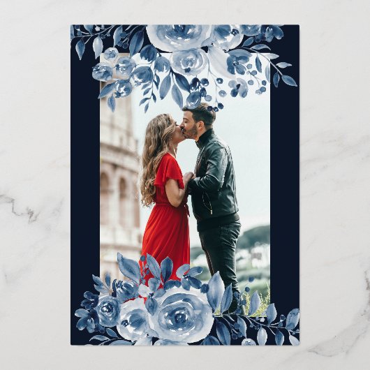 Hochzeitsfeier für das Foto der Blütenschrift Navy Folieneinladung (Rückseite)