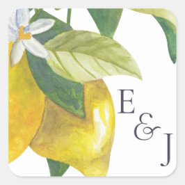Hochzeitsfeier für das Watercolor Lemon Blossom Mo Quadratischer Aufkleber