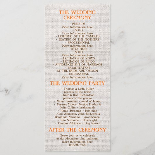 Hochzeitsfeier für die Rustikale Burlap-Mason-Glas Programm (Rückseite)