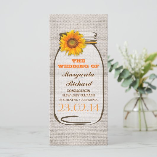 Hochzeitsfeier für die Rustikale Burlap-Mason-Glas Programm (Stehend Vorderseite)