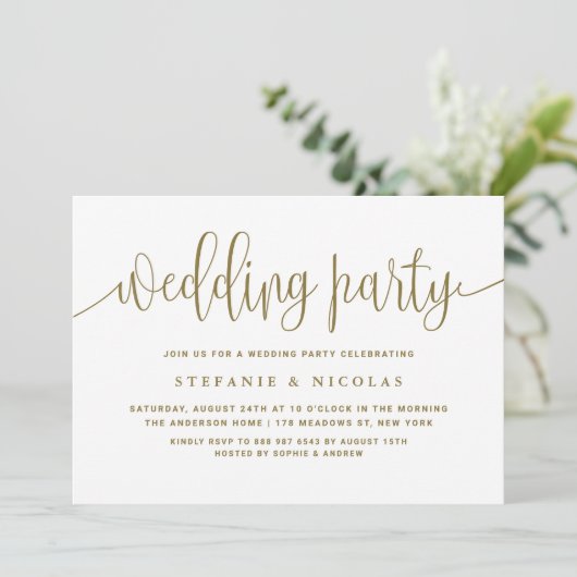 Hochzeitsfeier für Hübsche Kalligrafie mit Gold un Einladung (Stehend Vorderseite)