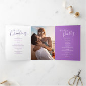 Hochzeitsfeier für lila und weiße abstrakte Kunst Dreifach-gefaltete Programmkarte (Innenseite)