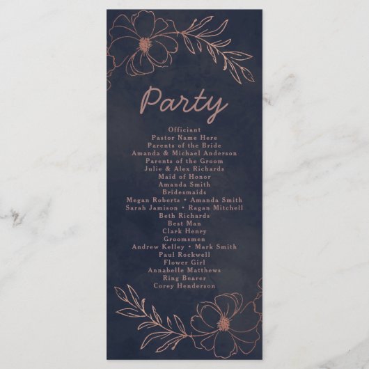 Hochzeitsfeier für Navy Blue & Rose Gold Foil Programm (Rückseite)