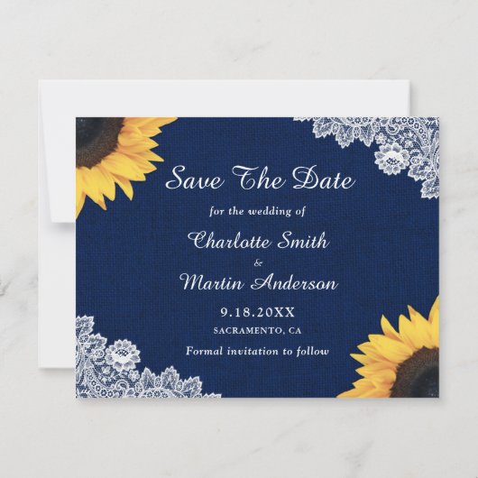 Hochzeitsfeier für Navy Blue Sunflower - Foto Save Save The Date (Rückseite)
