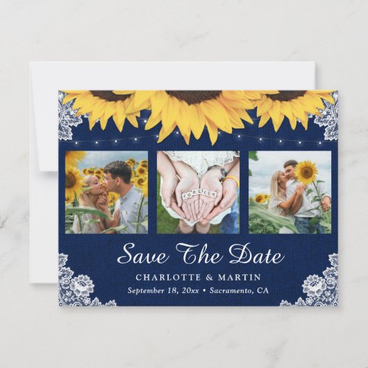 Hochzeitsfeier für Navy Blue Sunflower - Foto Save The Date (Vorderseite)