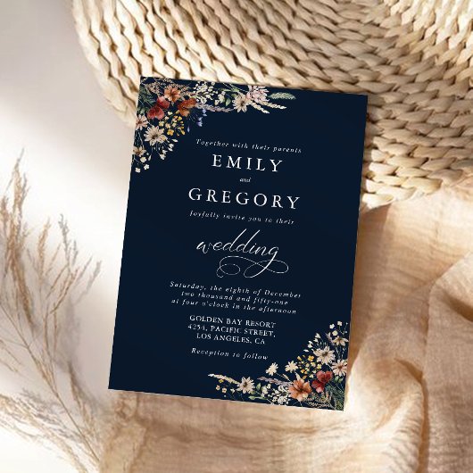 Hochzeitsfeier für Navy Blue Tiny Wildblume Einladung