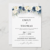 Hochzeitsfeier für Navy Blue und White Roses Einladung (Vorderseite)