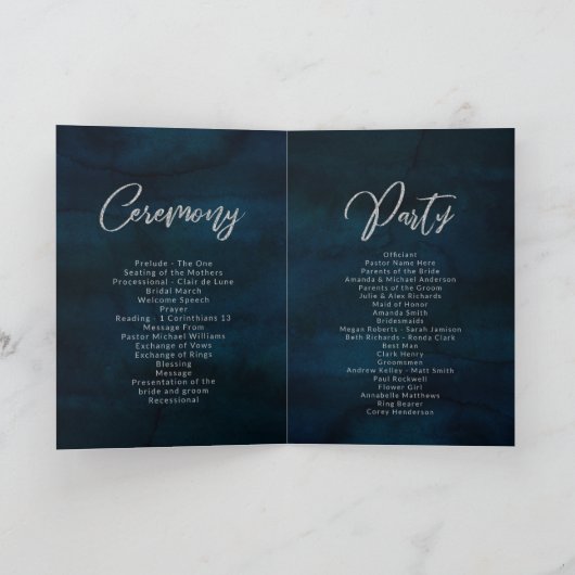 Hochzeitsfeier für Navy Luster Dark Blue Watercolo Programm (Innenseite)