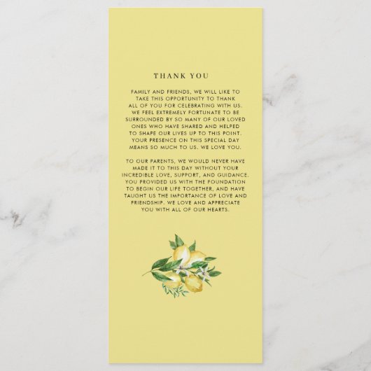 Hochzeitsfeier für Wasserfarben und Zitronen Programm (Rückseite)