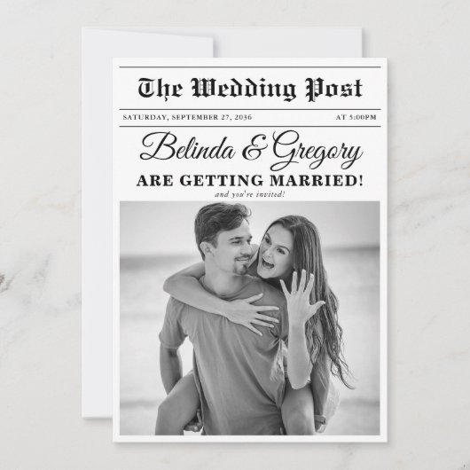 Hochzeitsfeier für Zeitungen - Schwarz-Weiß-Foto Einladung (Vorderseite)