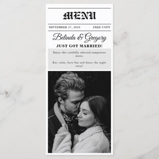 Hochzeitsfeier für Zeitungen - Schwarz-Weiß-Foto Menükarte (Rückseite)