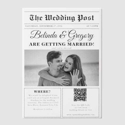 Hochzeitsfeier für Zeitungen - Schwarz-Weiß-Foto Pergament Einladungen (Vorderseite)