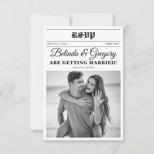 Hochzeitsfeier für Zeitungen - Schwarz-Weiß-Foto RSVP Karte (Vorderseite)