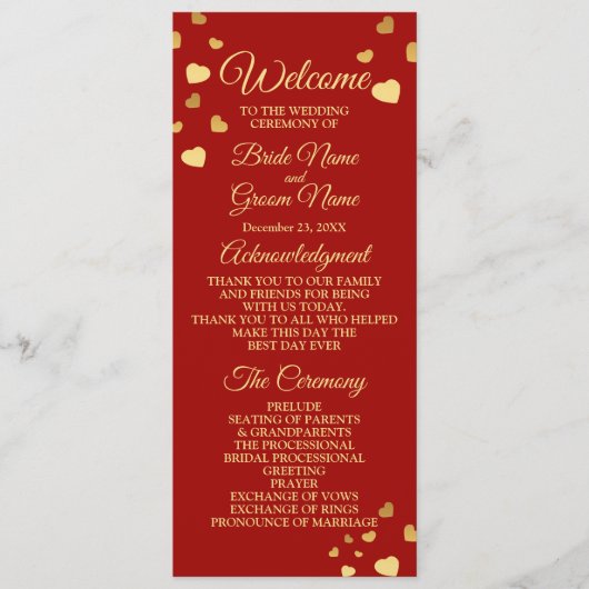 Hochzeitsfeier Golden Birds Hearts Red Shiny Programm (Vorderseite)