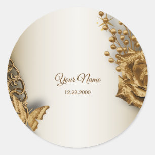 Hochzeitsfeier Golden Floral Schmetterling Vintage Runder Aufkleber