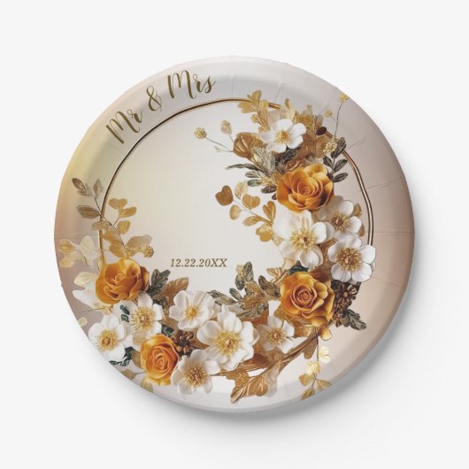 Hochzeitsfeier Golden Orange Weiße Blume Rustikal Pappteller (Vorderseite)