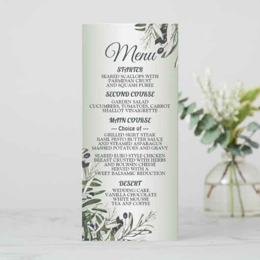 Hochzeitsfeier Grün Blätter Schwarzes Olive Elegan Menükarte (Stehend Vorderseite)
