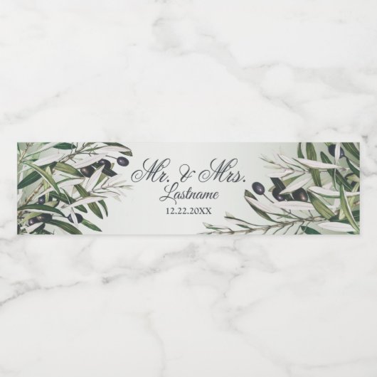 Hochzeitsfeier Grün Blätter Schwarzes Olive Elegan Wasserflaschenetikett (Einzelnes Label)