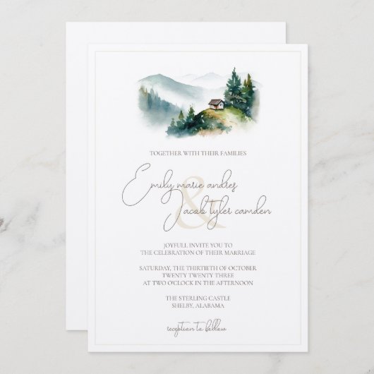 Hochzeitsfeier - Hütte in Wasserfarbe Einladung (Vorne/Hinten)