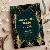 Hochzeitsfeier im Grünen und Gold Art Déco Save The Date