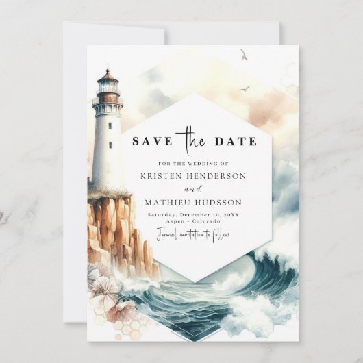 Hochzeitsfeier im Leuchtturm "Ocean Romance" Save The Date (Vorderseite)