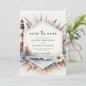 Hochzeitsfeier im modernen Ocean Vibes Lighthouse Save The Date (Stehend Vorderseite)