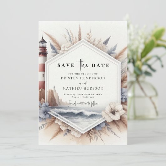 Hochzeitsfeier im modernen Ocean Vibes Lighthouse Save The Date (Stehend Vorderseite)