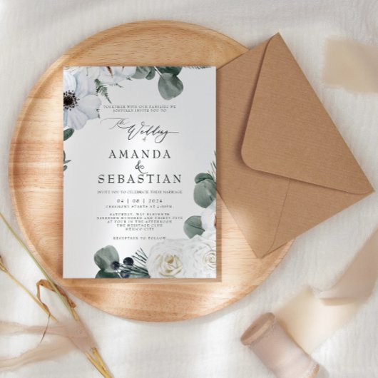 Hochzeitsfeier im Winter mit floraler Vegetation Einladung