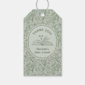 Hochzeitsfeier im Zeichen von Büchern mit grünem B Geschenkanhänger (Vorderseite)