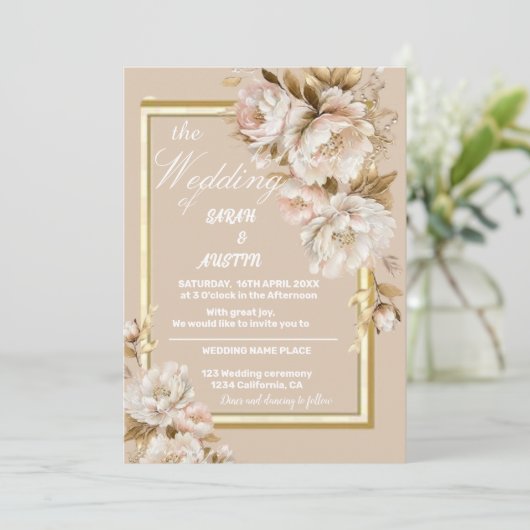 Hochzeitsfeier in Beige und Rosa Einladung (Stehend Vorderseite)