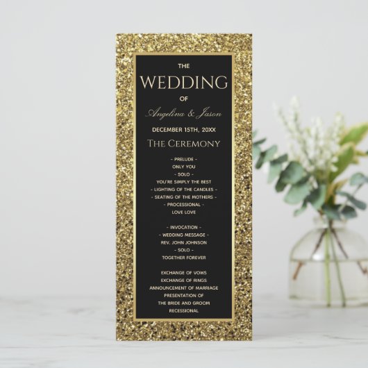 Hochzeitsfeier in Black and Gold Glitzer Programm (Stehend Vorderseite)