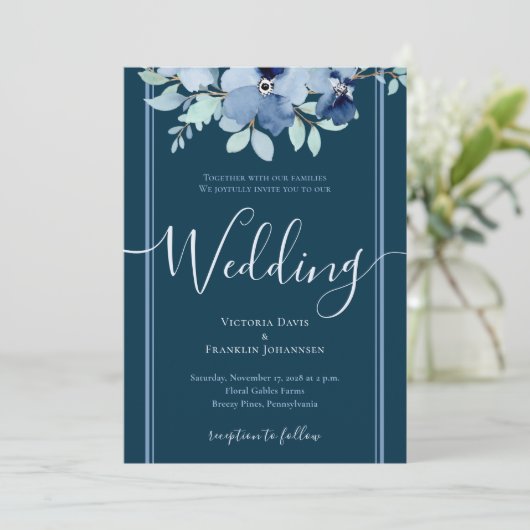 Hochzeitsfeier in Blau Einladung (Stehend Vorderseite)