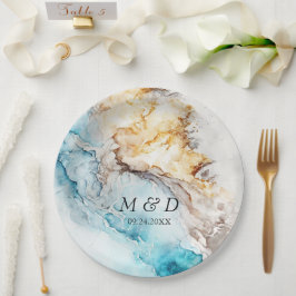 Hochzeitsfeier in Blau und Gold Pappteller