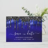 Hochzeitsfeier in Blue Black Glitzer Tropfens Save The Date (Stehend Vorderseite)