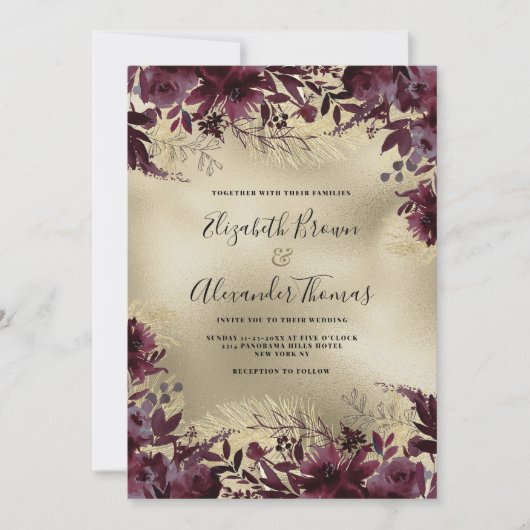 Hochzeitsfeier in Bordeaux-Gold Glitzer Einladung (Vorderseite)