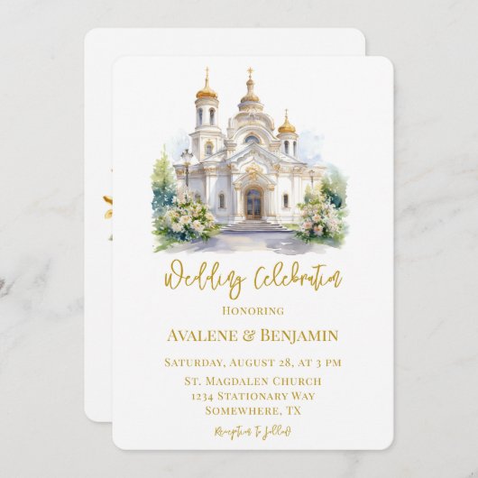 Hochzeitsfeier in der Weißen und Goldenen Kirche Einladung (Vorne/Hinten)
