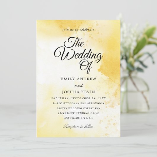 Hochzeitsfeier in Gelb Einladung (Stehend Vorderseite)