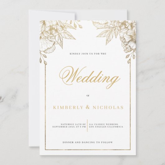 Hochzeitsfeier in Gold und Weiß Einladung (Vorderseite)