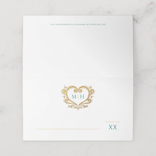 Hochzeitsfeier in Monogramm, goldgrün, Platzkarte (Außenseite Aufgefaltet)
