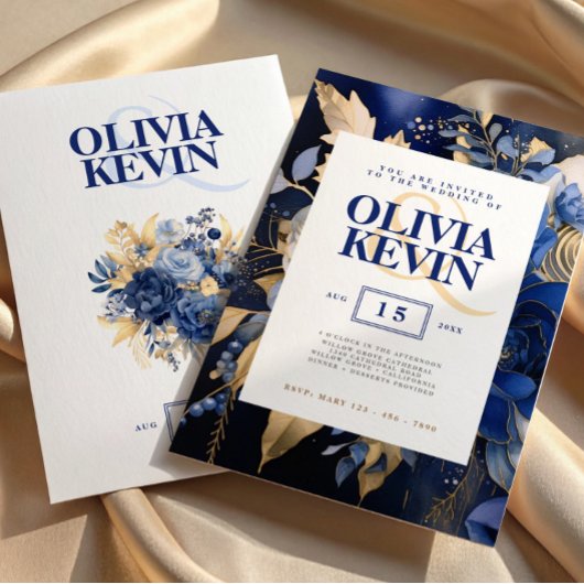 Hochzeitsfeier in Navy-Blue-Gold-Blume Einladung