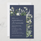Hochzeitsfeier in Navy mit elegantem Botanischem S Einladung (Vorderseite)