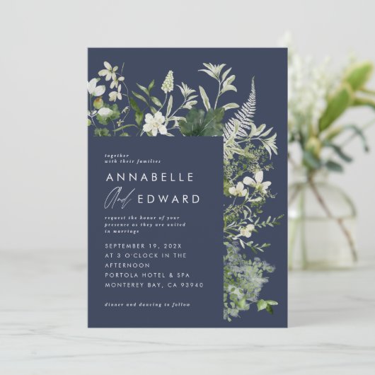 Hochzeitsfeier in Navy mit elegantem Botanischem S Einladung (Stehend Vorderseite)