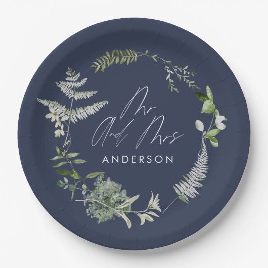 Hochzeitsfeier in Navy mit elegantem Botanischem S Pappteller (Vorderseite)