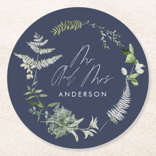 Hochzeitsfeier in Navy mit elegantem Botanischem S Runder Pappuntersetzer (Vorderseite)