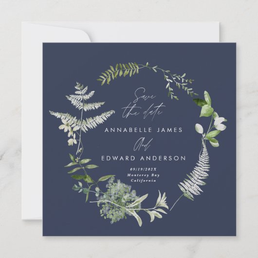Hochzeitsfeier in Navy mit elegantem Botanischem S Save The Date (Vorderseite)