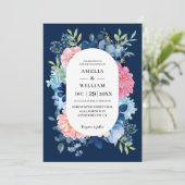 Hochzeitsfeier in Navy-Rosa-Blume Einladung (Stehend Vorderseite)