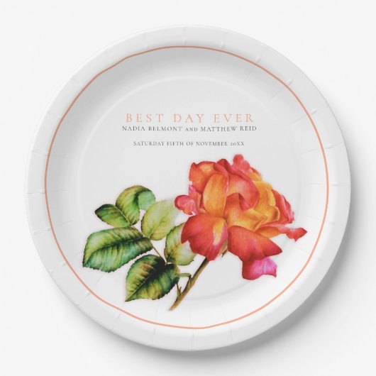 Hochzeitsfeier in Orange rote Rose Pappteller (Vorderseite)